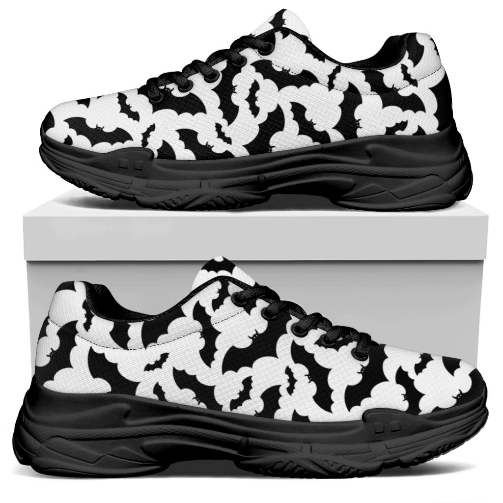 White And Black Halloween Bat Print Black Chunky Shoes