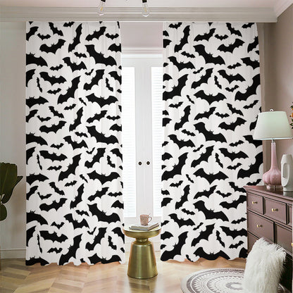 White And Black Halloween Bat Print Blackout Pencil Pleat Curtains