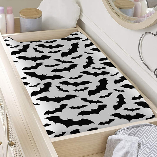 White And Black Halloween Bat Print Changing Pad Cover