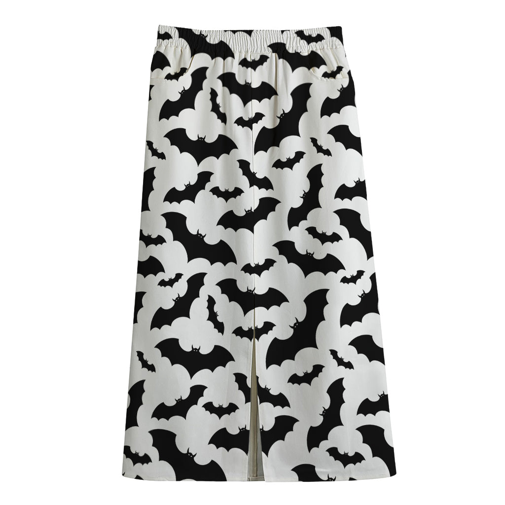 White And Black Halloween Bat Print Cotton Front Slit Maxi Skirt