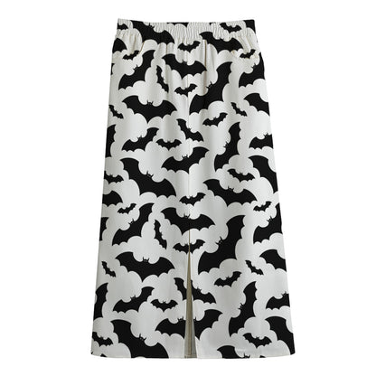 White And Black Halloween Bat Print Cotton Front Slit Maxi Skirt