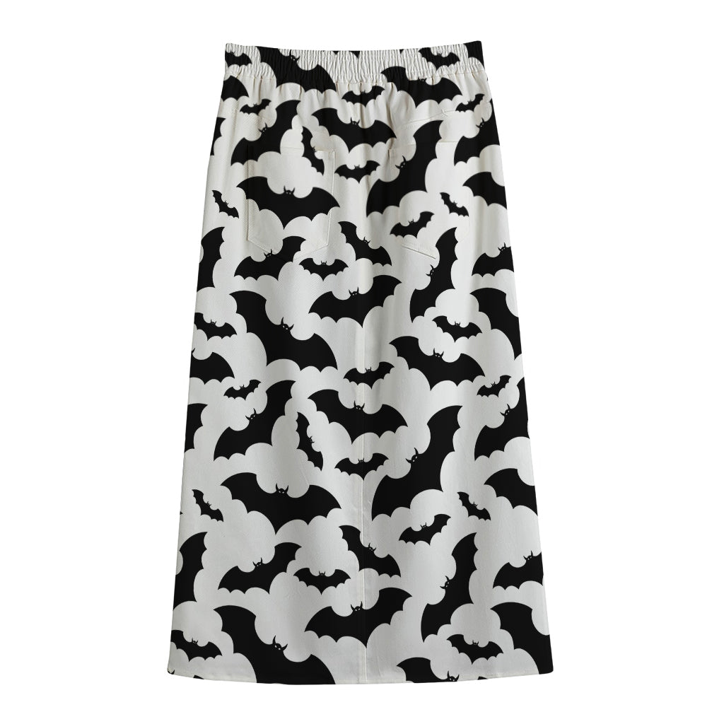 White And Black Halloween Bat Print Cotton Front Slit Maxi Skirt