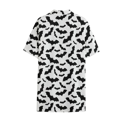 White And Black Halloween Bat Print Cotton Hawaiian Shirt