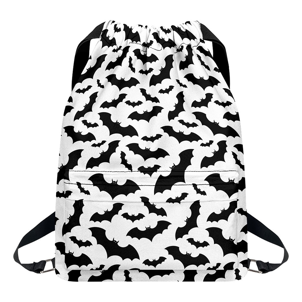 White And Black Halloween Bat Print Drawstring Backpack