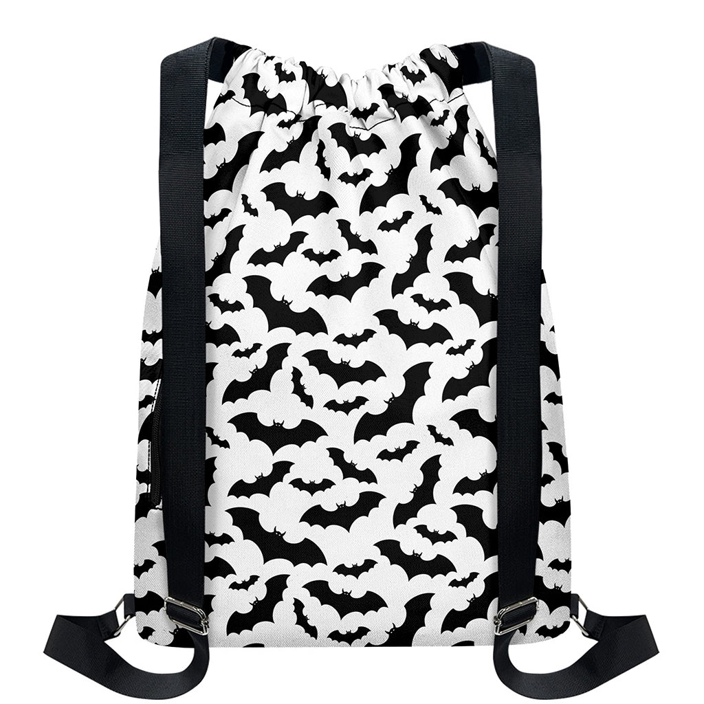 White And Black Halloween Bat Print Drawstring Backpack
