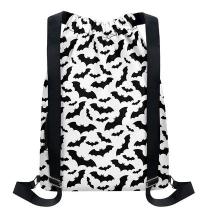 White And Black Halloween Bat Print Drawstring Backpack