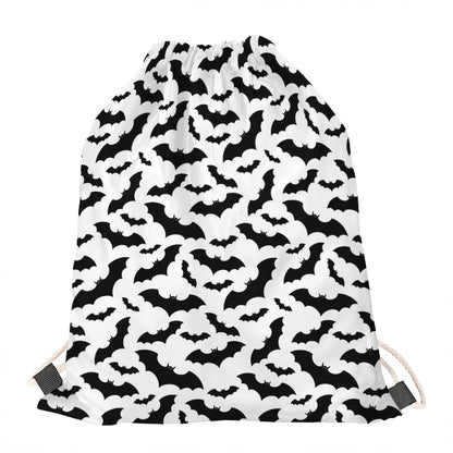 White And Black Halloween Bat Print Drawstring Bag