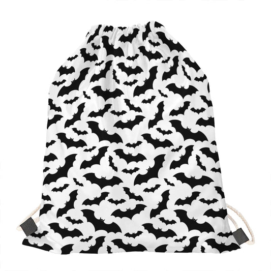 White And Black Halloween Bat Print Drawstring Bag