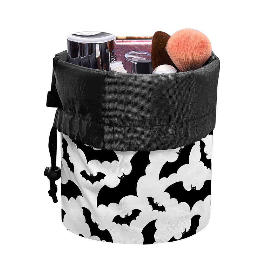 White And Black Halloween Bat Print Drawstring Makeup Bag