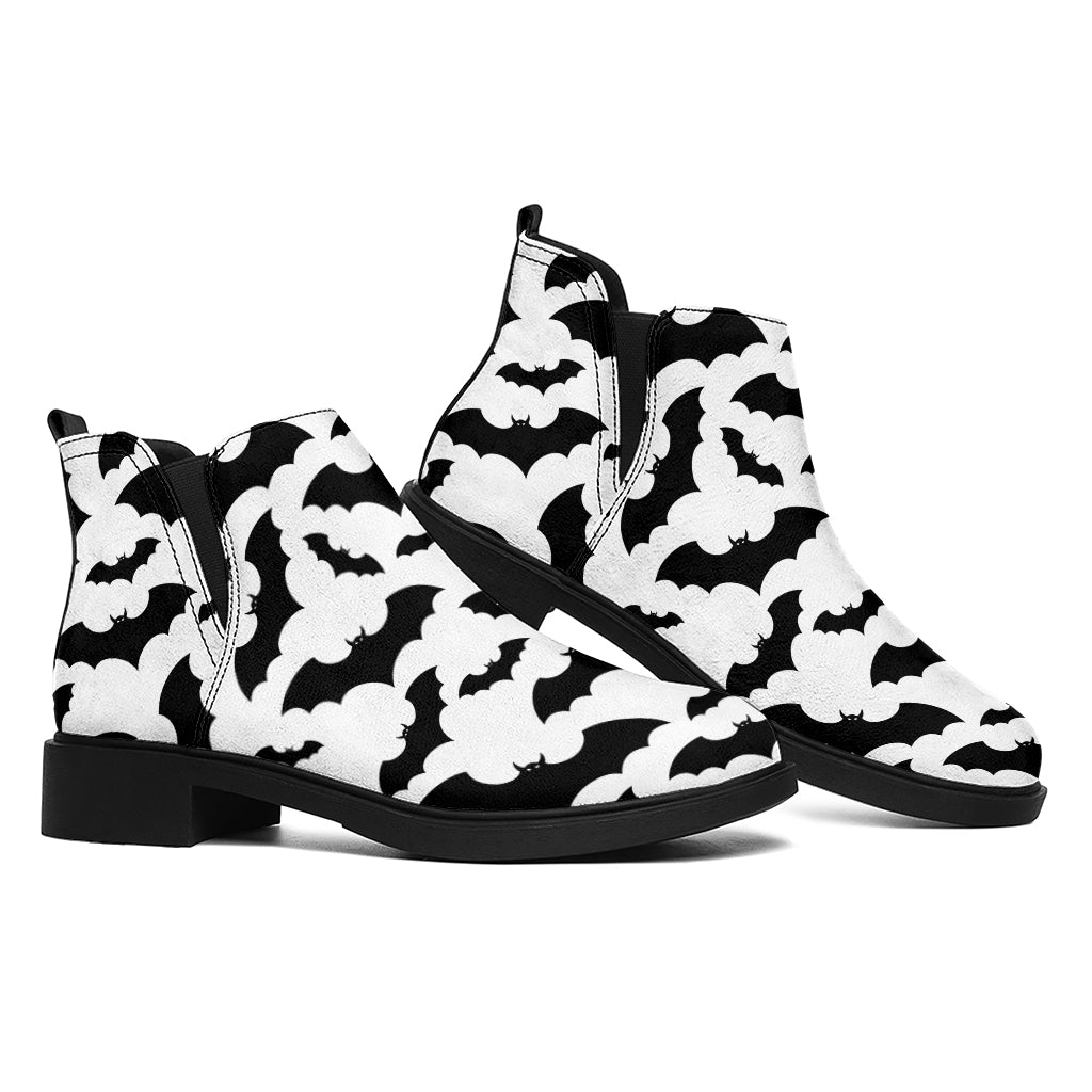 White And Black Halloween Bat Print Flat Ankle Boots