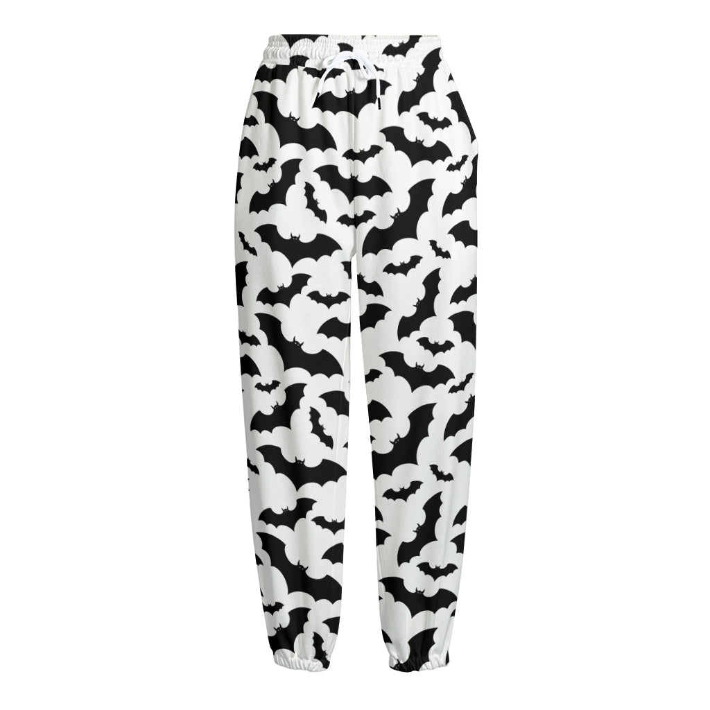 White And Black Halloween Bat Print Fleece Lined Knit Pants