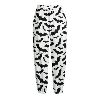 White And Black Halloween Bat Print Fleece Lined Knit Pants