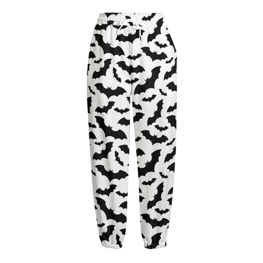 White And Black Halloween Bat Print Fleece Lined Knit Pants