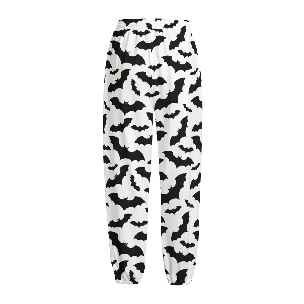 White And Black Halloween Bat Print Fleece Lined Knit Pants