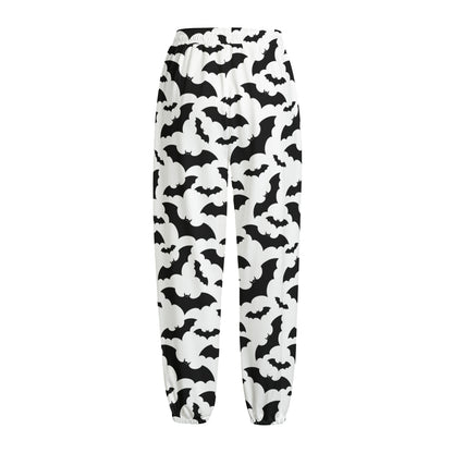 White And Black Halloween Bat Print Fleece Lined Knit Pants