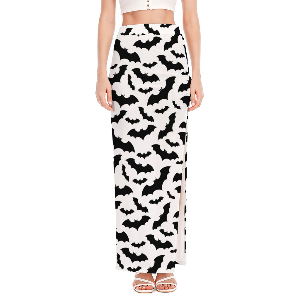 White And Black Halloween Bat Print High Slit Maxi Skirt