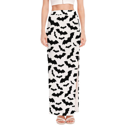 White And Black Halloween Bat Print High Slit Maxi Skirt
