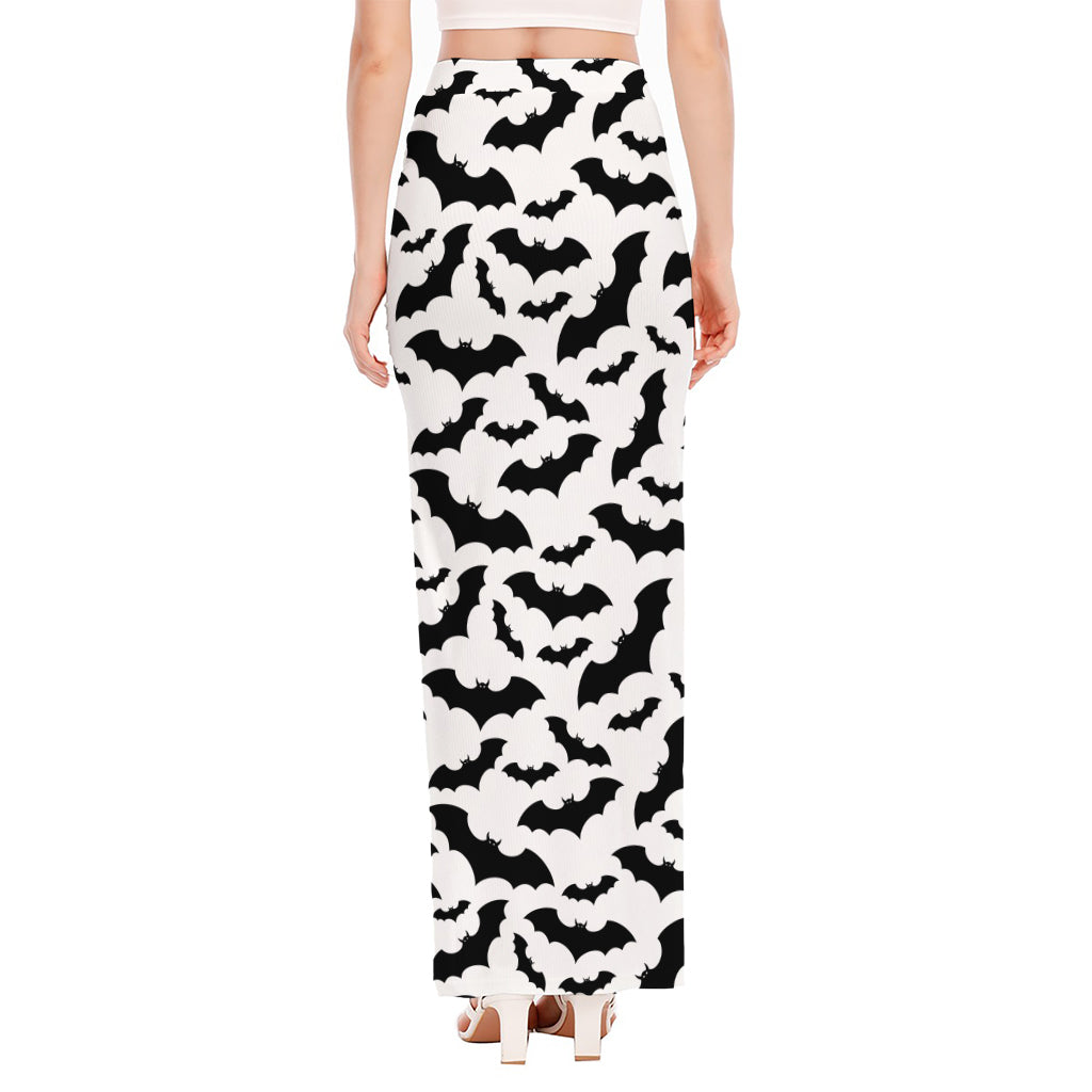 White And Black Halloween Bat Print High Slit Maxi Skirt