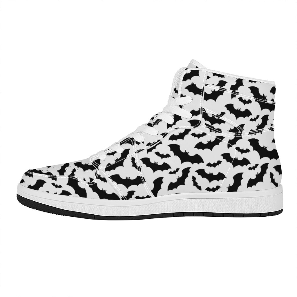 White And Black Halloween Bat Print High Top Leather Sneakers