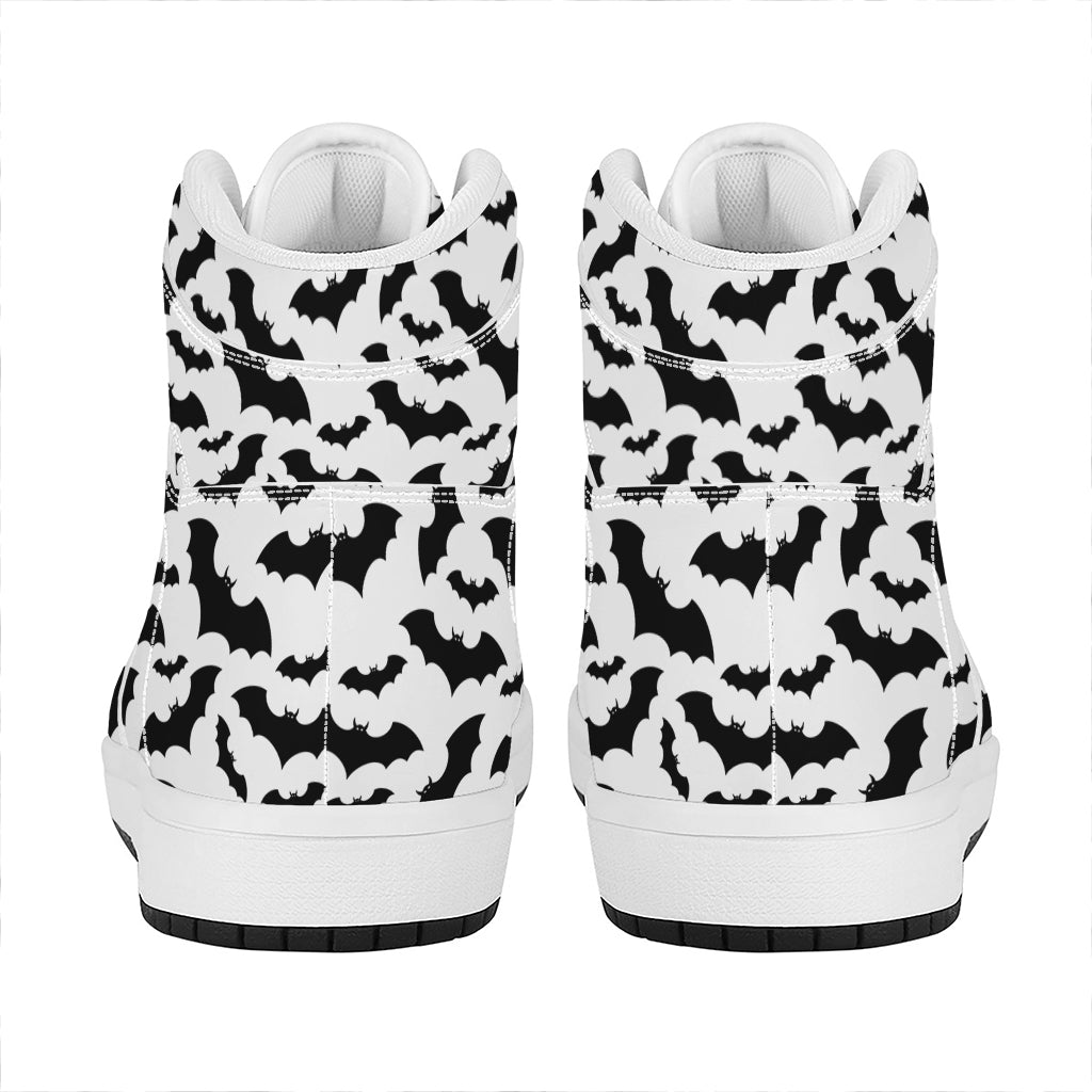 White And Black Halloween Bat Print High Top Leather Sneakers