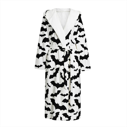 White And Black Halloween Bat Print Hooded Bathrobe