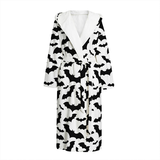 White And Black Halloween Bat Print Hooded Bathrobe
