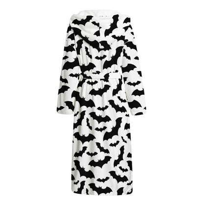 White And Black Halloween Bat Print Hooded Bathrobe