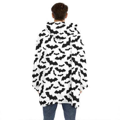 White And Black Halloween Bat Print Hoodie Blanket