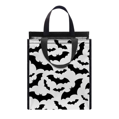 White And Black Halloween Bat Print Insulated Lunch Tote