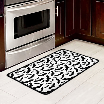 White And Black Halloween Bat Print Kitchen Mat