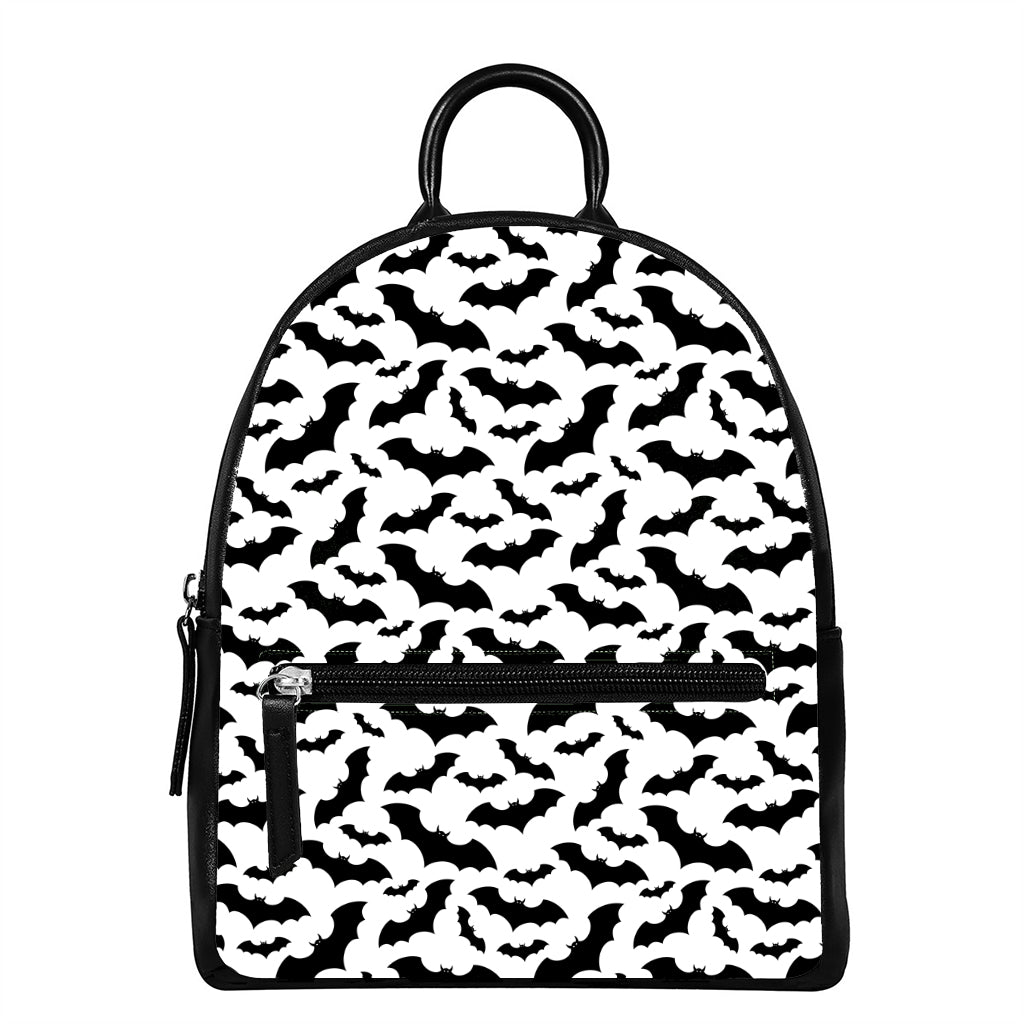 White And Black Halloween Bat Print Leather Backpack