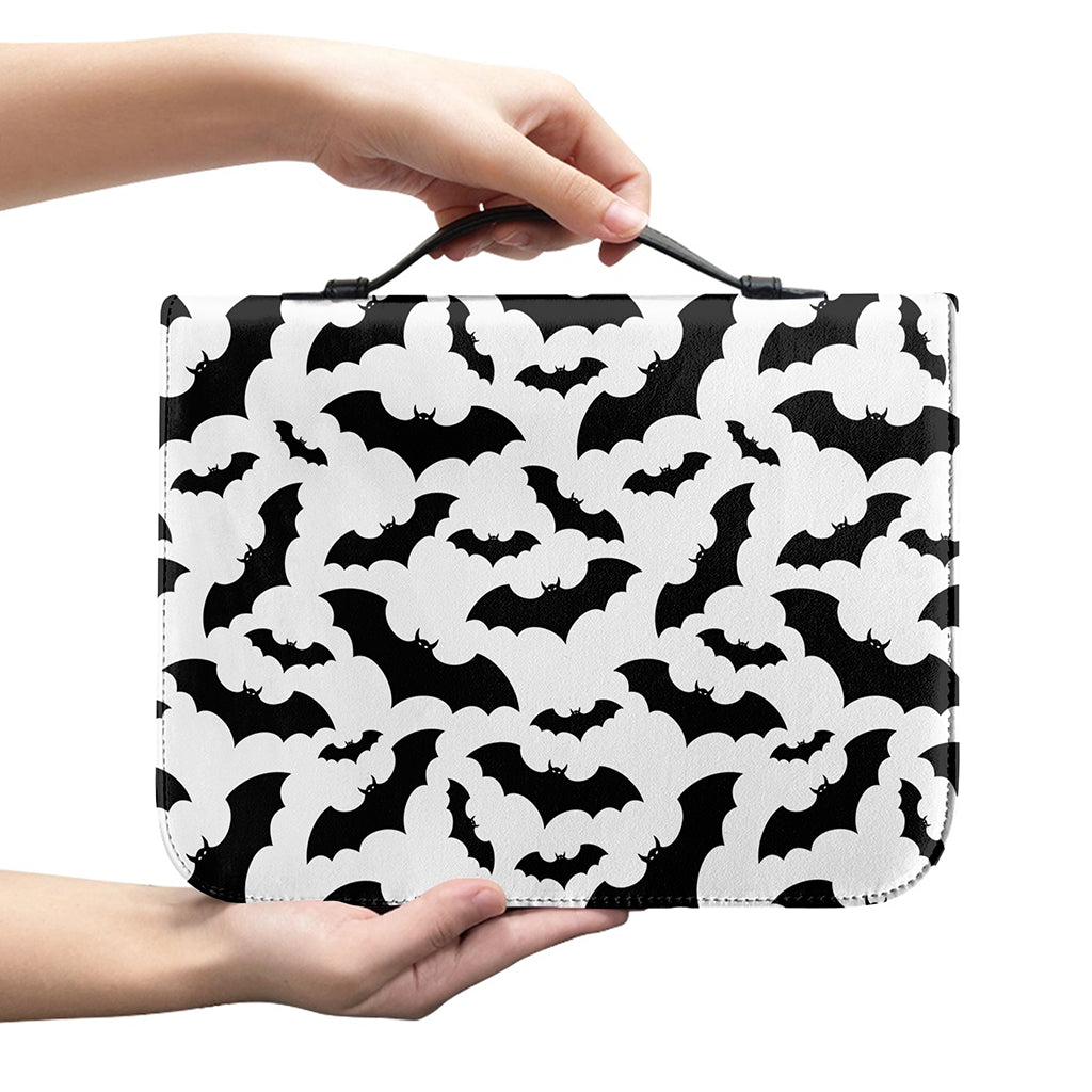 White And Black Halloween Bat Print Leather Bible Cover