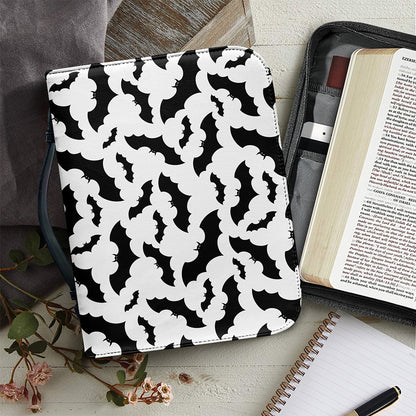White And Black Halloween Bat Print Leather Bible Cover
