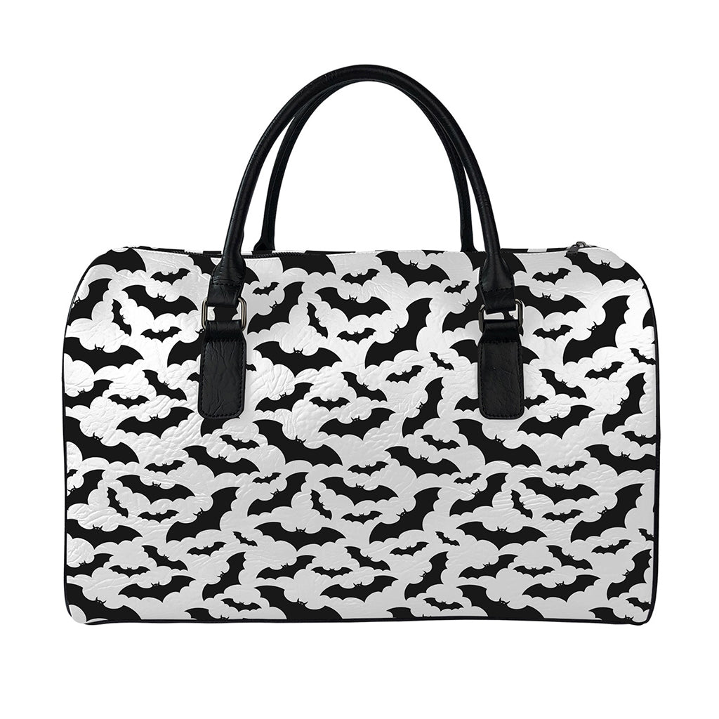 White And Black Halloween Bat Print Leather Duffle Bag