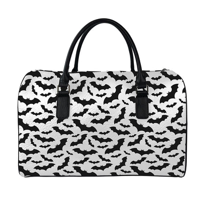 White And Black Halloween Bat Print Leather Duffle Bag