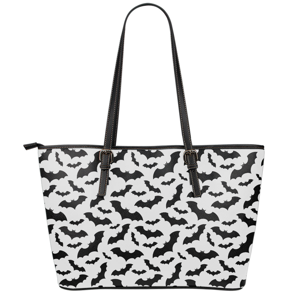White And Black Halloween Bat Print Leather Tote Bag