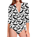 White And Black Halloween Bat Print Long Sleeve Swimsuit