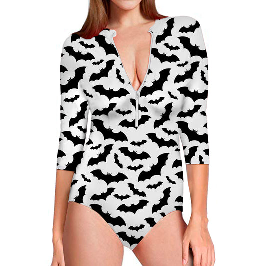 White And Black Halloween Bat Print Long Sleeve Swimsuit