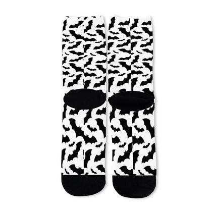 White And Black Halloween Bat Print Long Socks