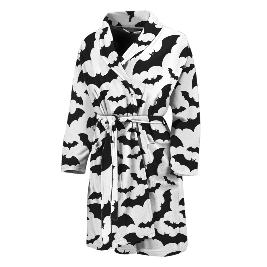 White And Black Halloween Bat Print Men's Bathrobe