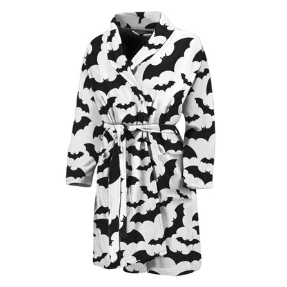 White And Black Halloween Bat Print Men's Bathrobe