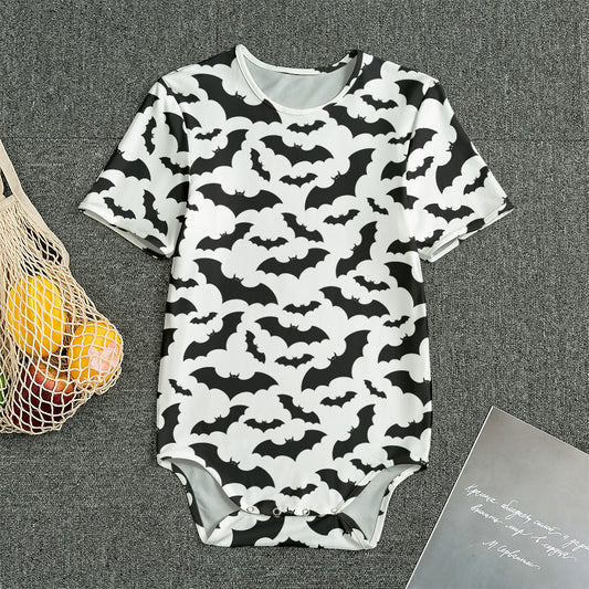 White And Black Halloween Bat Print Men's Bodysuit