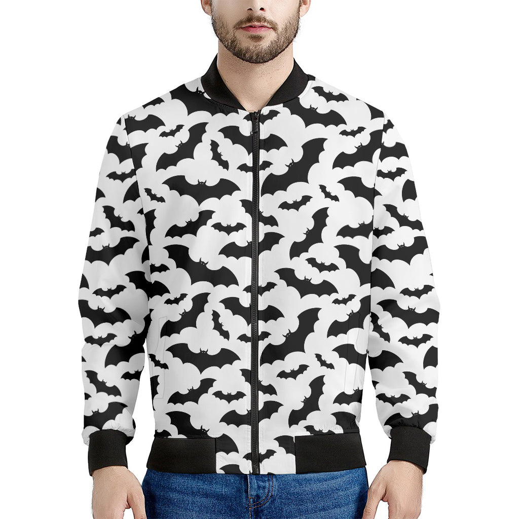 White And Black Halloween Bat Print Men's Bomber Jacket