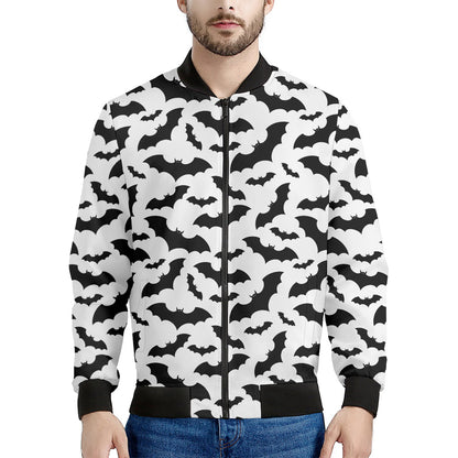 White And Black Halloween Bat Print Men's Bomber Jacket