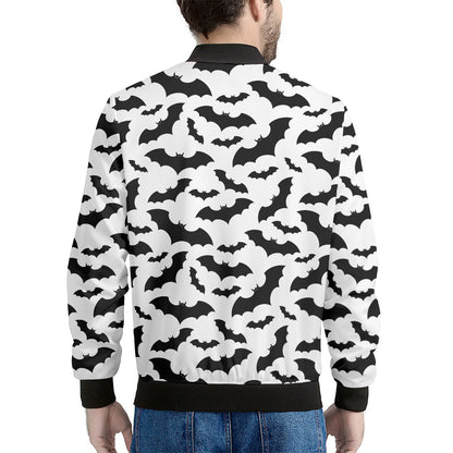 White And Black Halloween Bat Print Men's Bomber Jacket