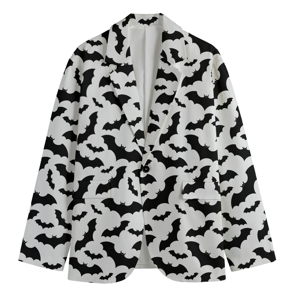 White And Black Halloween Bat Print Men's Cotton Blazer