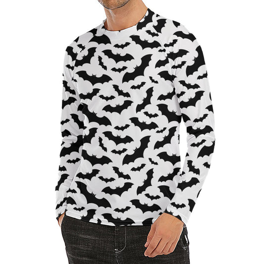White And Black Halloween Bat Print Men's Long Sleeve Rash Guard