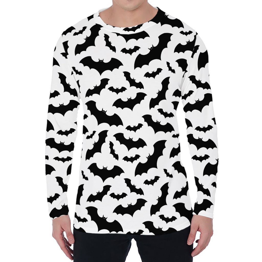 White And Black Halloween Bat Print Men's Long Sleeve T-Shirt
