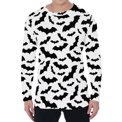 White And Black Halloween Bat Print Men's Long Sleeve T-Shirt