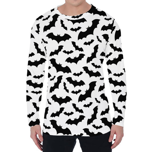 White And Black Halloween Bat Print Men's Long Sleeve T-Shirt
